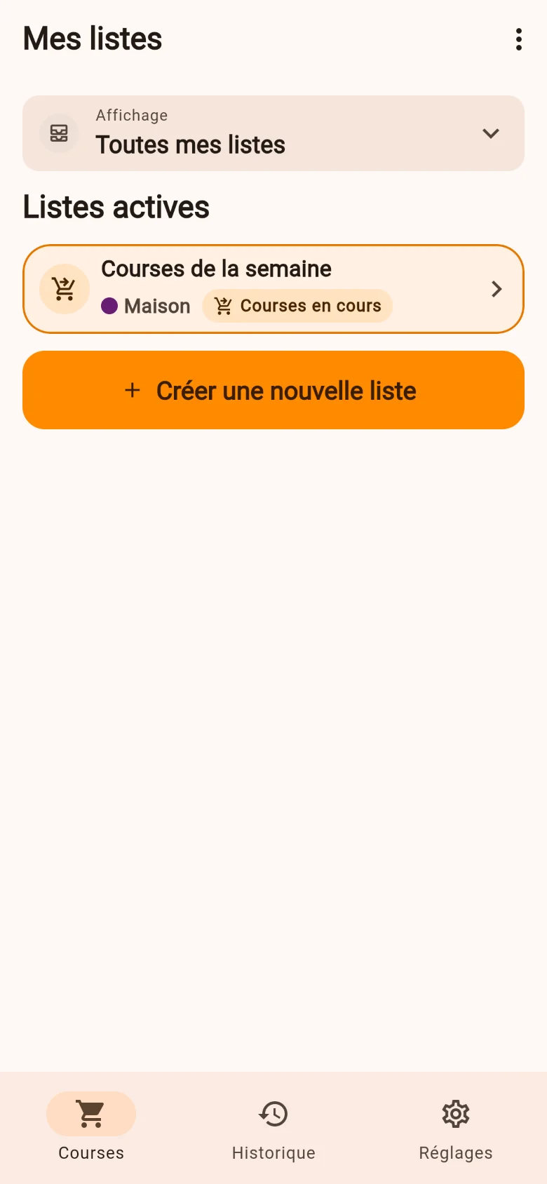 Écran « Mes listes » : la liste « Courses de la semaine » du groupe Maison, avec son état « Courses en cours », au-dessus du bouton de création d'une nouvelle liste.