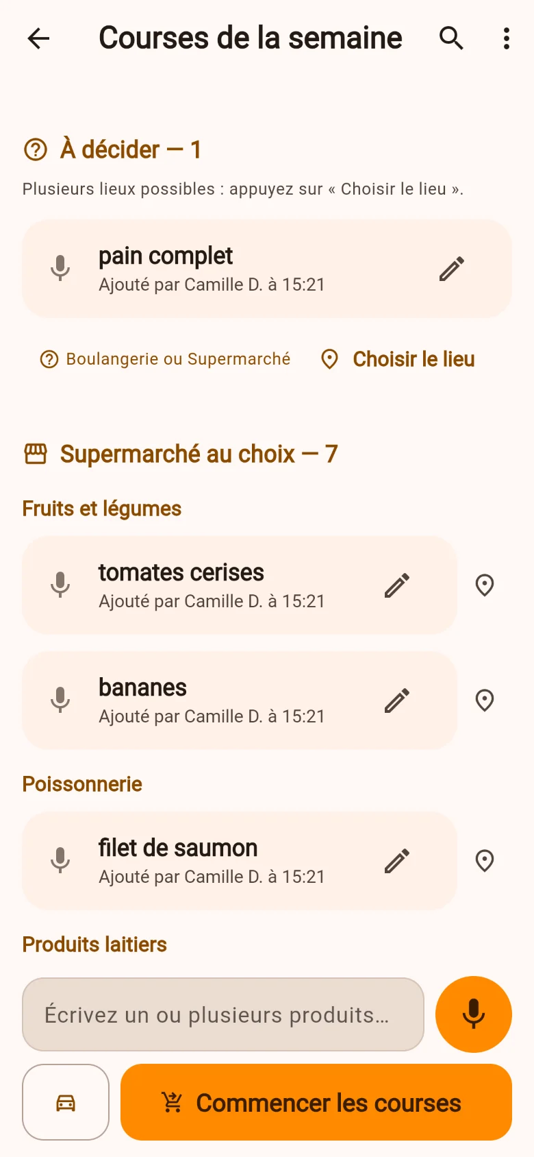 Une liste ouverte : un produit en attente de choix entre boulangerie et supermarché, puis sept produits regroupés par rayon — fruits et légumes, poissonnerie, produits laitiers.